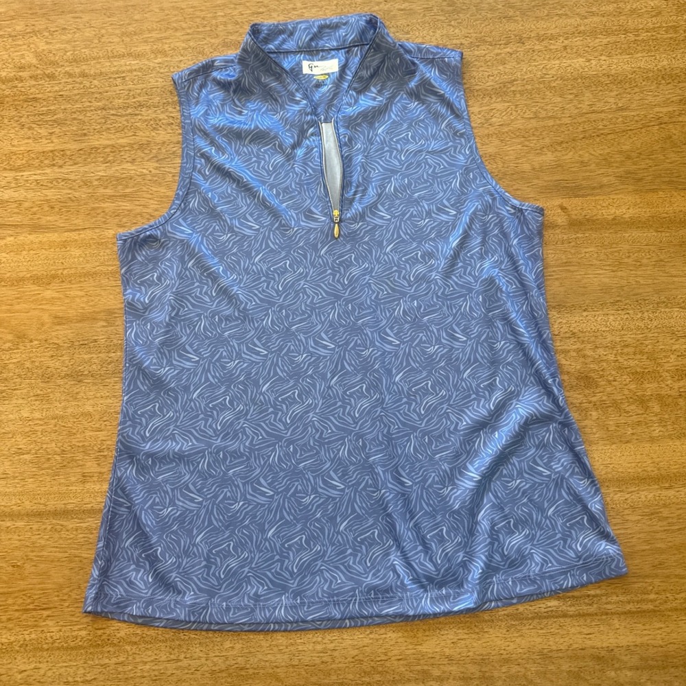 Greg Norman Womens Blue Swirl Play Dry Sleeveless Golf Polo Quarter Zip‎ Top L
